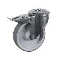 Roulette charge moyenne pivotante, &agrave; trou central, inox, Avec frein arri&egrave;re