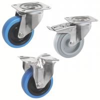 Roulette forte charge &agrave; platine, inox, Pivotante, sans frein, bleue