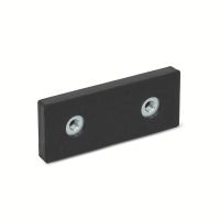 Aimant plat rectangulaire, avec trous taraud&eacute;s et protection caoutchouc, Noir, 2 taraudages